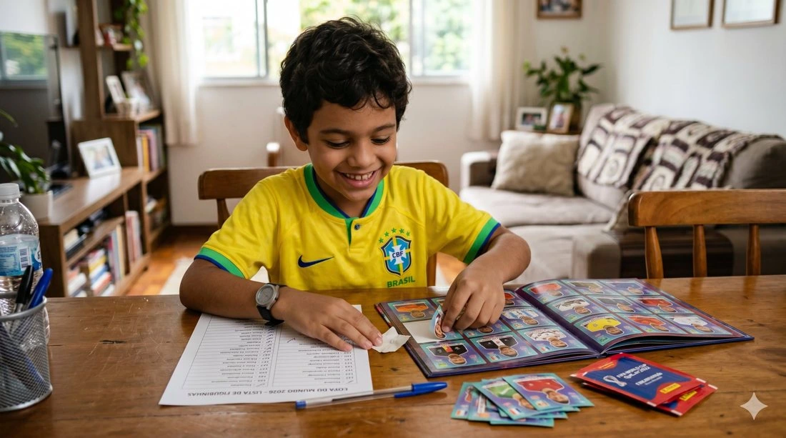 Criança colando figurinha no álbum da Copa